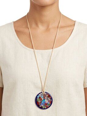 Vintage Murano Style Millefiori Glass Pendant Necklace Mosaic Floral Blue Italy